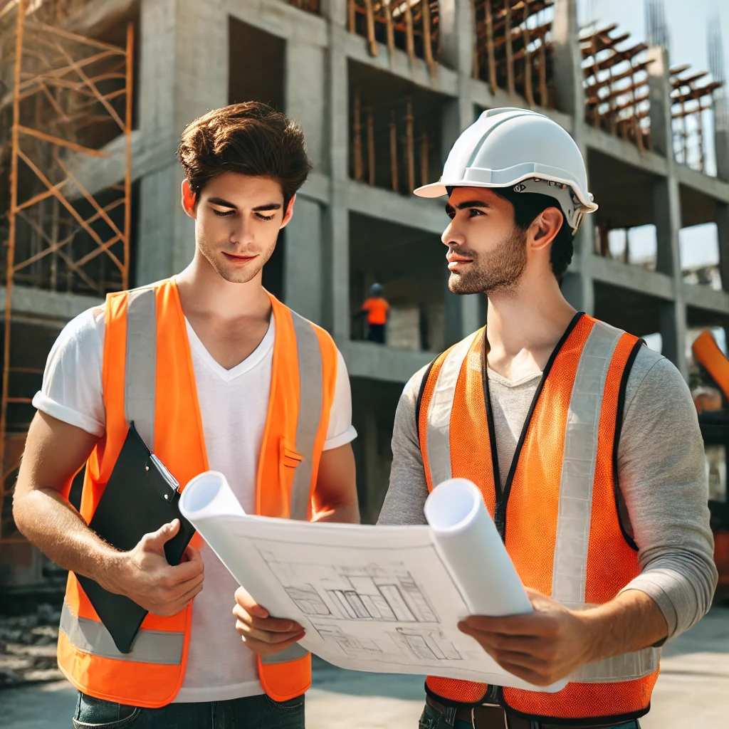 Construction worker reviewing plans on a tablet