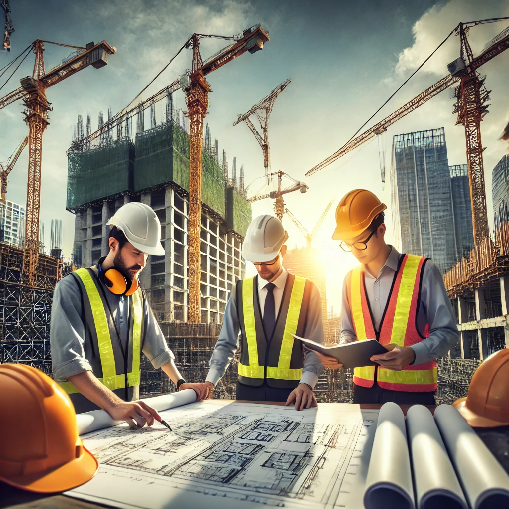 Two construction workers, one in an orange safety vest holding a clipboard, the other in a white t-shirt and hard hat holding blueprints, standing in front of a construction site