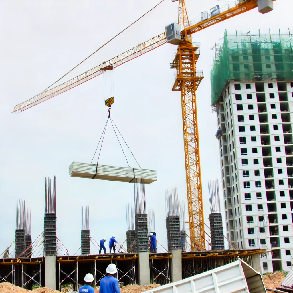 Three construction workers reviewing blueprints on a construction site, wearing hard hats and safety vests