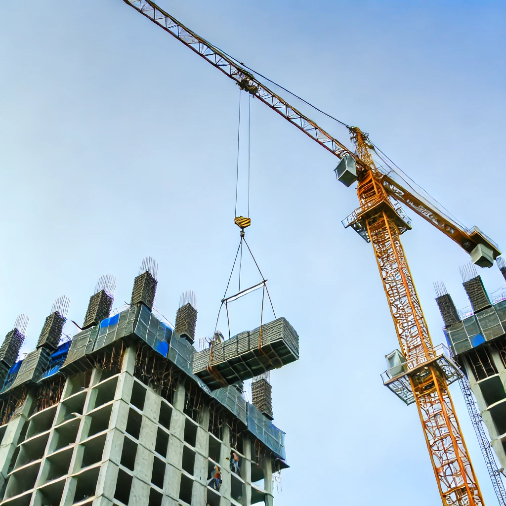 Construction workers reviewing plans and working on a construction site