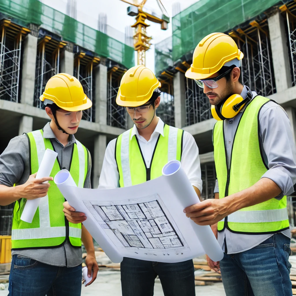 Construction worker using a digital device on site