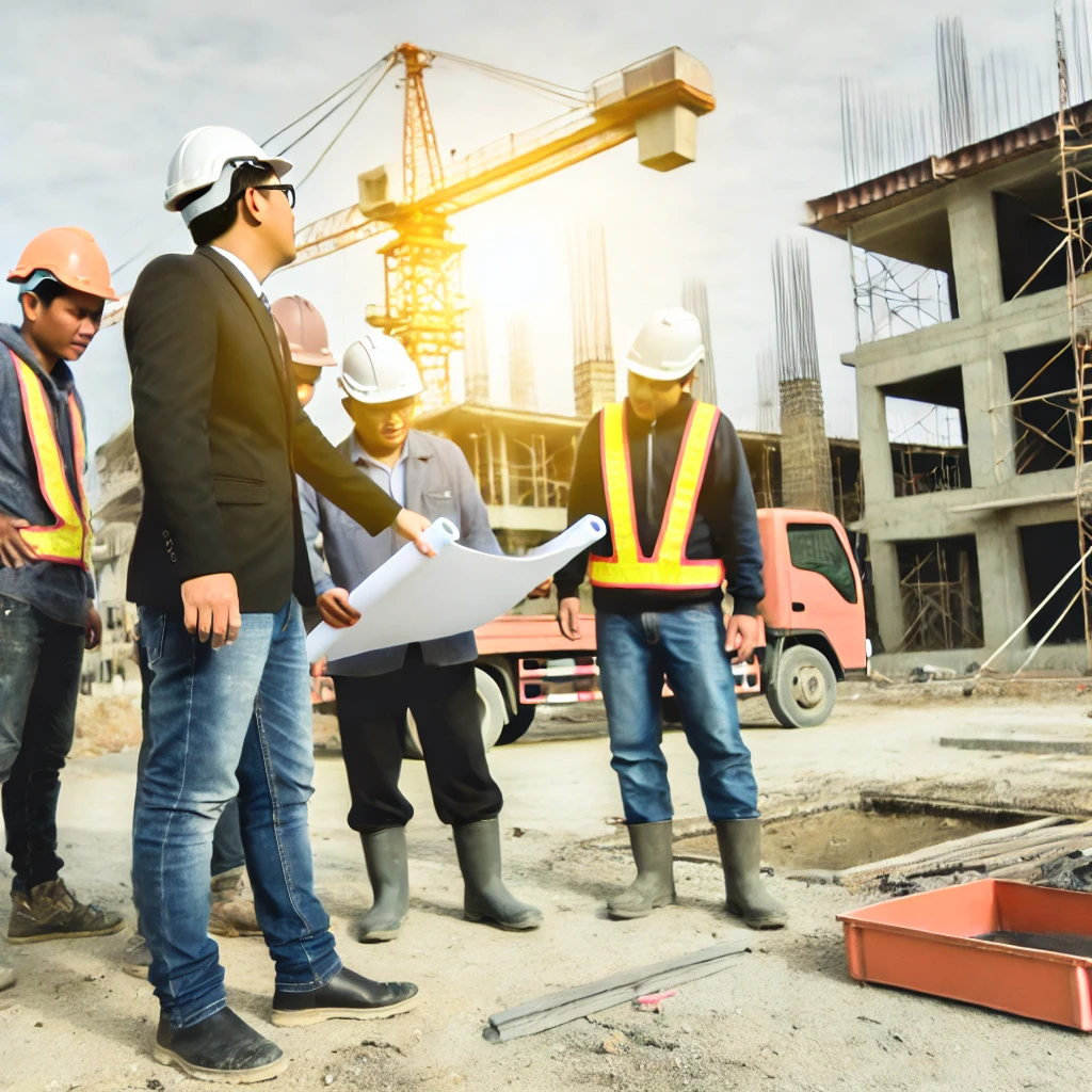 Construction workers discussing project details