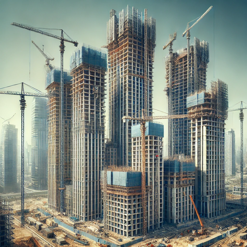 Construction workers discussing plans in an office