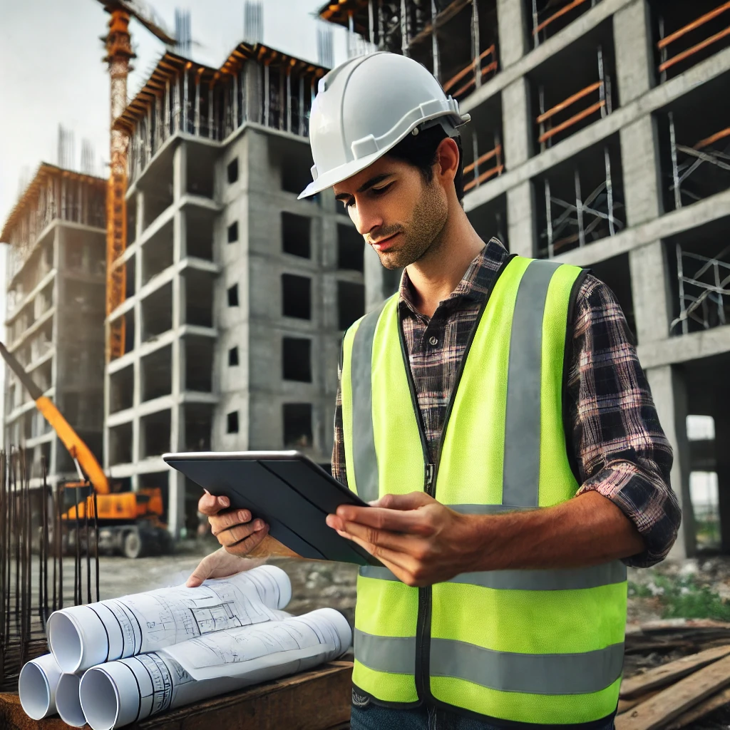 Construction site with heavy machinery and workers