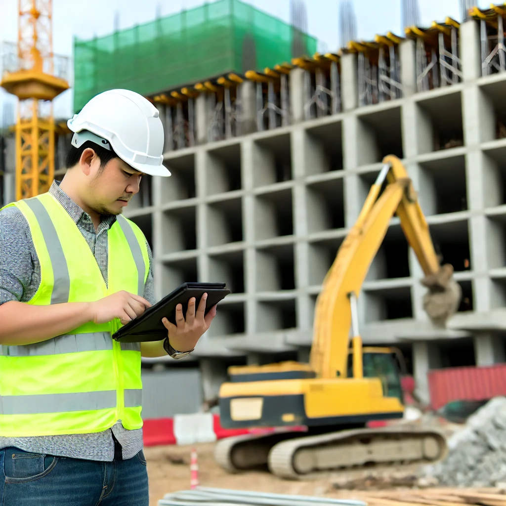 Team of construction professionals discussing project plans in an office setting